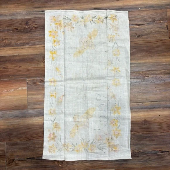 Vintage 60s Busy as a Bee Buttercup Daffodil Flower Linen Tea Towel - Picture 2 of 4